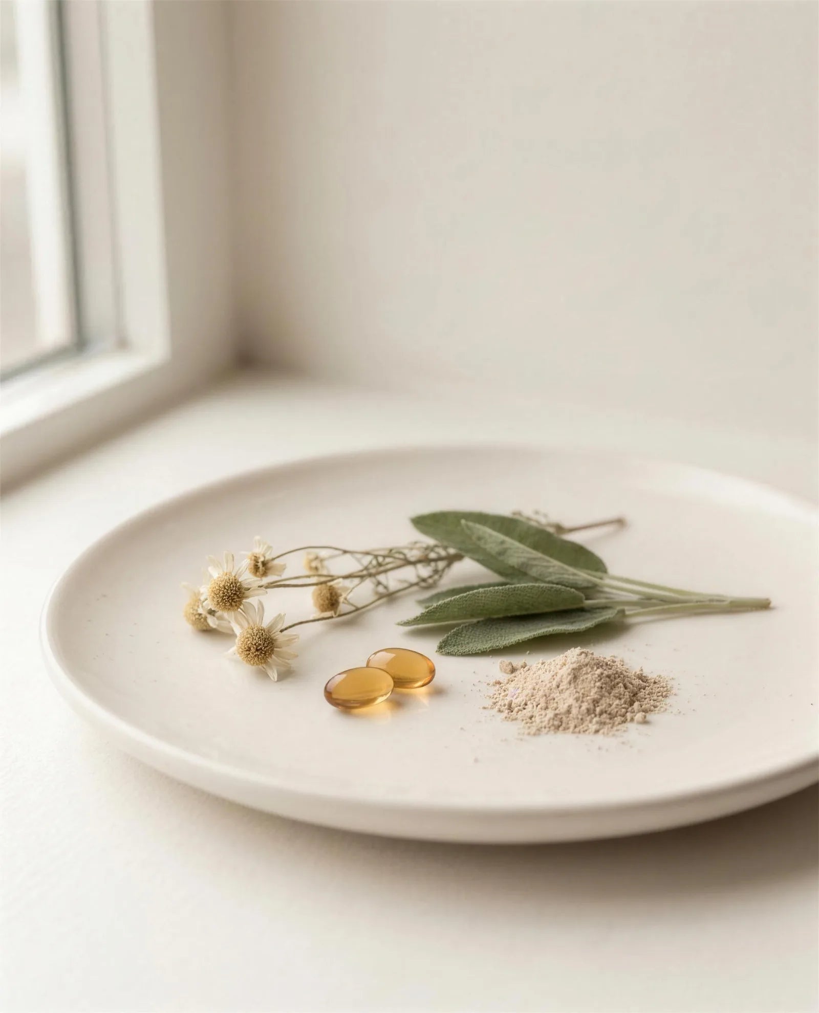 Botanicals, softgels, and powder on a porcelain plate in natural light